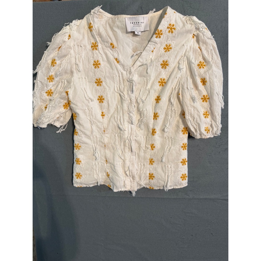 The Shirt Rochelle Behrens White Yellow Floral Eyelet Fringe Boho Blouse M